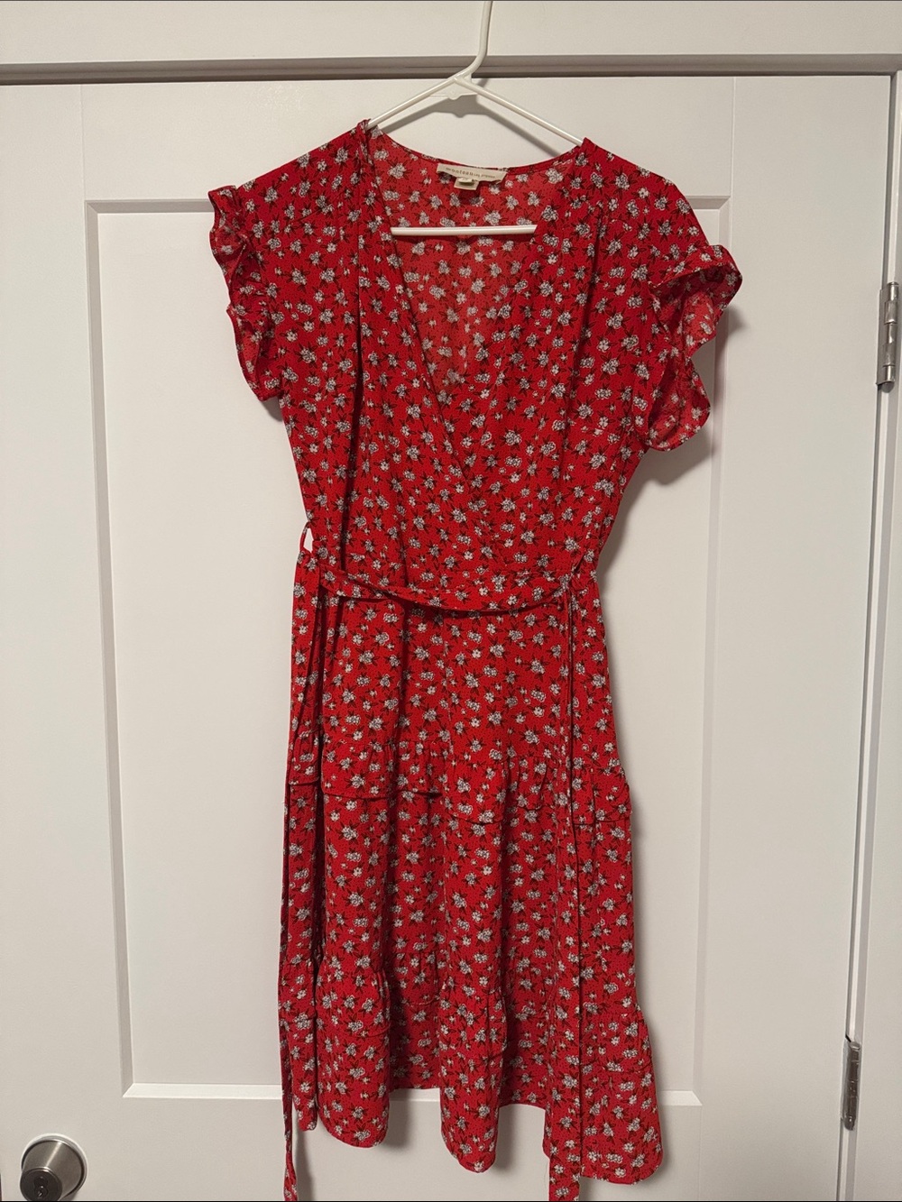 Red Floral Wrap Midi Dress with Self-Tie Waist